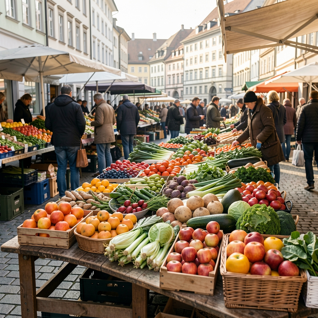 Wochenmarkt in Zürich mit frischem Obst und Gemüse auf einem Holztisch, natürliches Morgenlicht