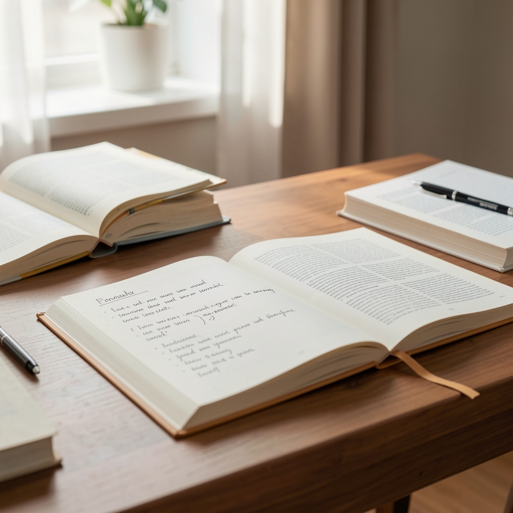 Redaktionelle Arbeitsumgebung — Schreibtisch mit Ernährungsnotizen, aufgeschlagenen Büchern und einem Glas Wasser im natürlichen Licht