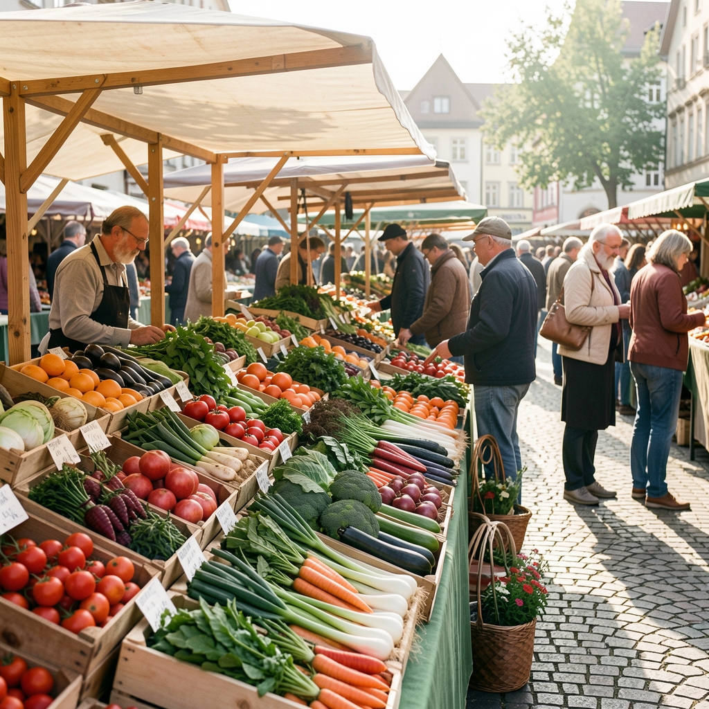 Zürcher Wochenmarkt mit saisonalen Gemüsesorten in Holzkisten, helles Morgenlicht, lebhaftes Marktgeschehen