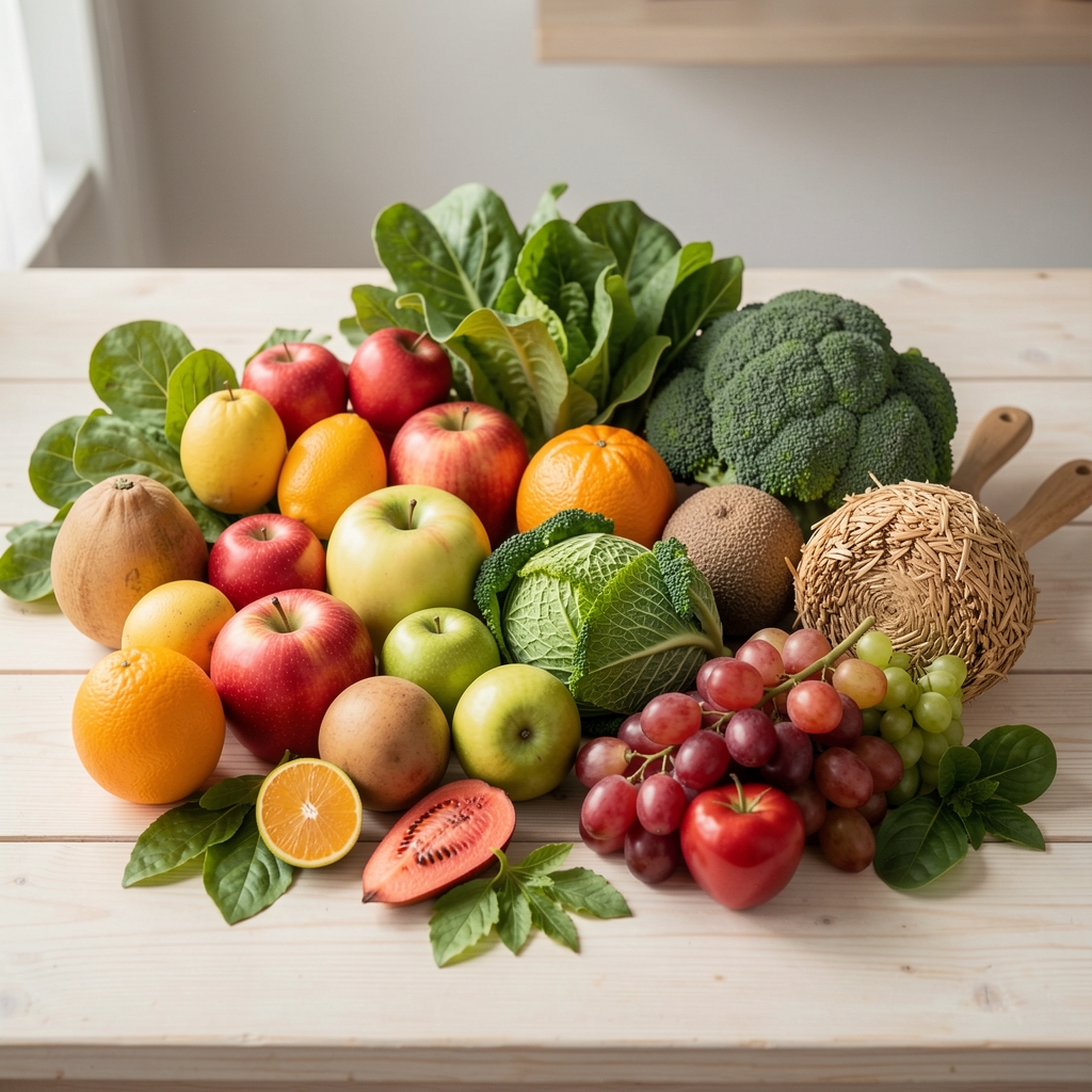Frische natürliche Lebensmittel — Obst, Gemüse und Vollkornprodukte auf einem hellen Holztisch, saisonal arrangiert
