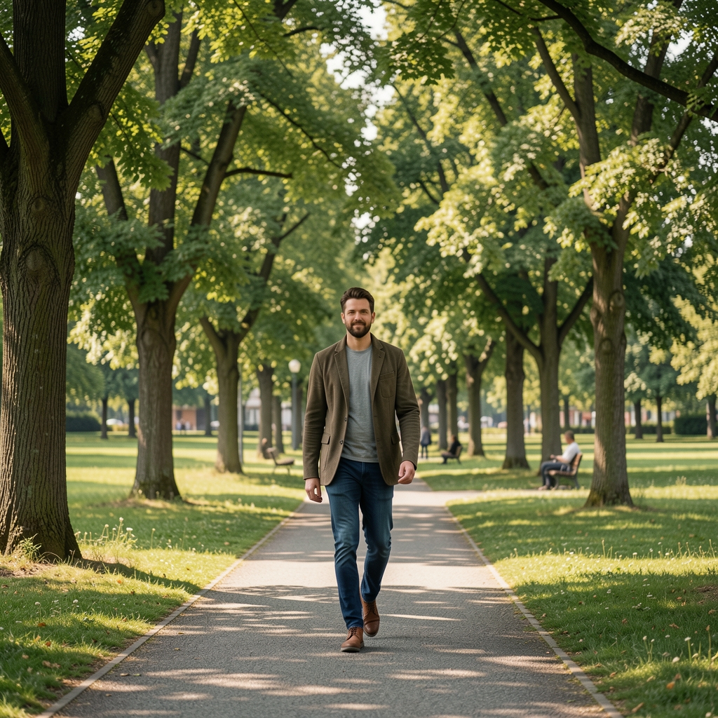 Person bei einem Morgenspaziergang in einem Zürcher Park, umgeben von Bäumen und natürlichem Licht