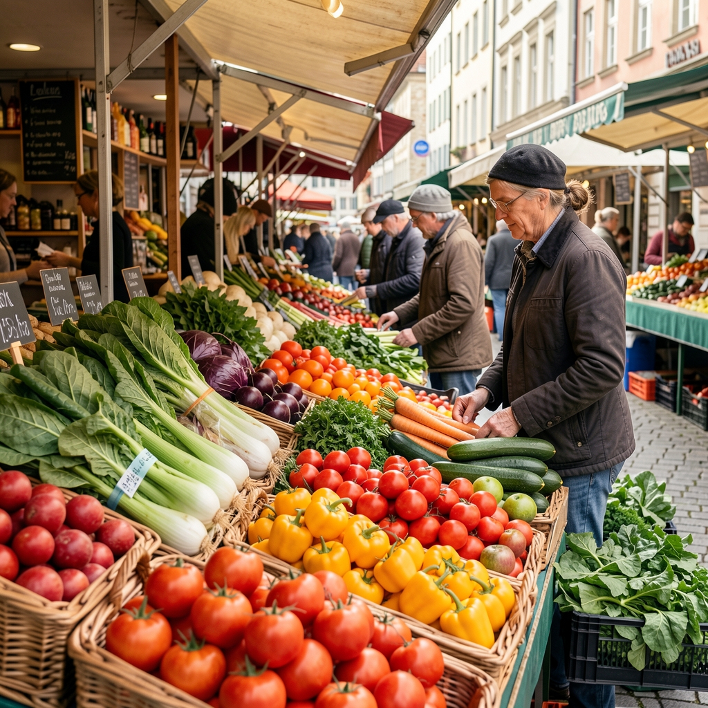 Frisches Obst und Gemüse auf einem Zürcher Marktstand, leuchtende Farben, natürliches Tageslicht