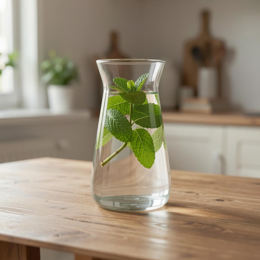 Glaskaraffe mit frischem Wasser und Minzblättern auf einem Tisch, Flüssigkeitszufuhr im Alltag