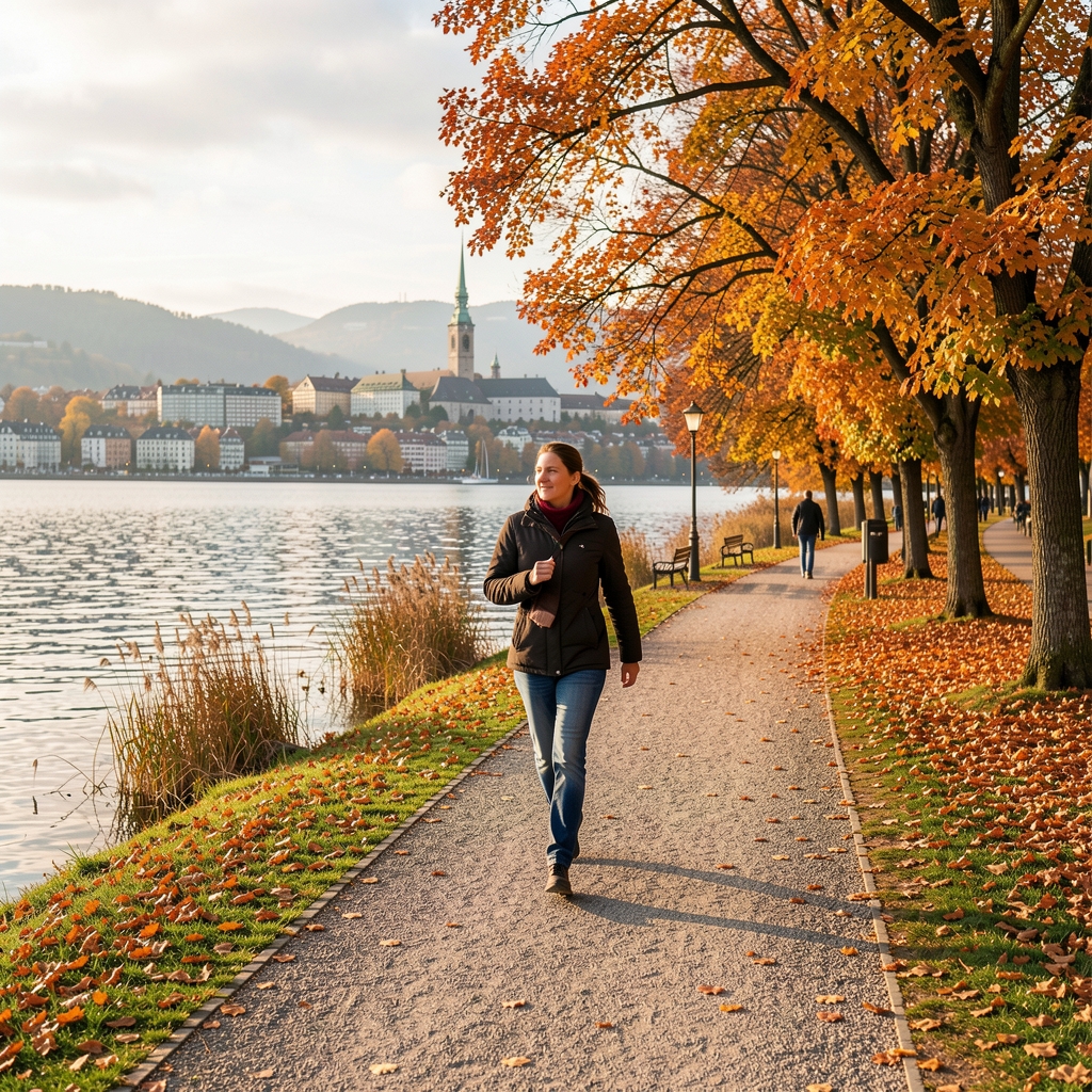 Morgenspaziergang entlang des Zürichsees im Herbst, Person in Bewegung auf einem Kiesweg
