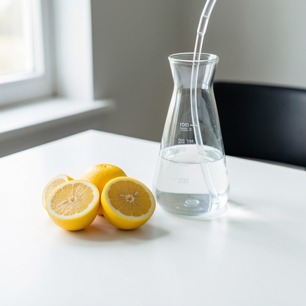 Glas Wasser mit Zitronenscheiben auf einem weissen Tisch, klares natürliches Licht, Flüssigkeitszufuhr im Alltag