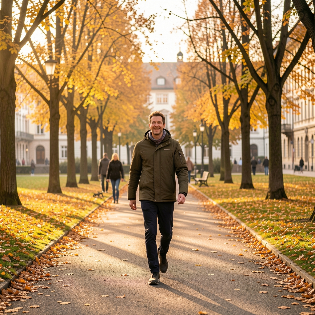 Person beim Spaziergang durch einen Zürcher Stadtpark im Herbst, goldenes Licht, moderate körperliche Aktivität